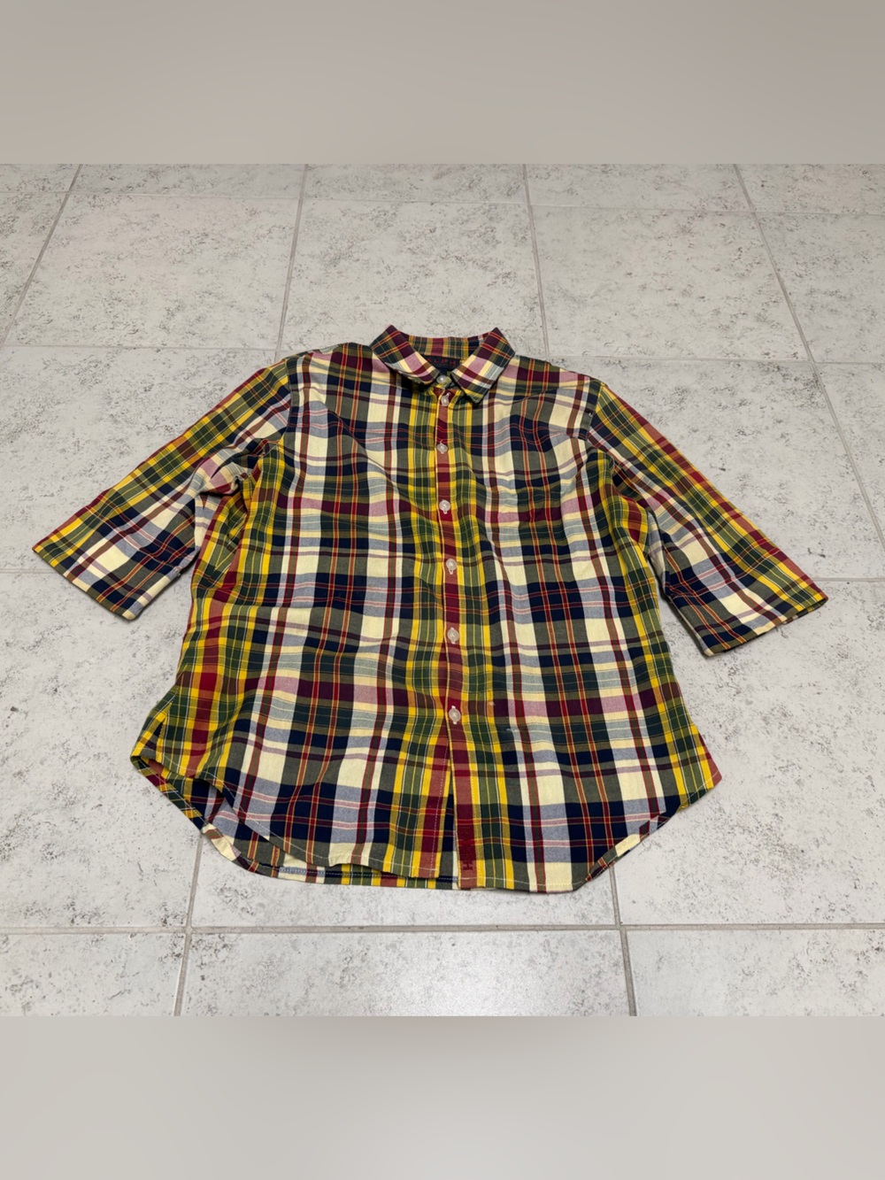 Kids Ralph Lauren Yellow Navy Red Plaid short sleeve Button-Down Shirt size S